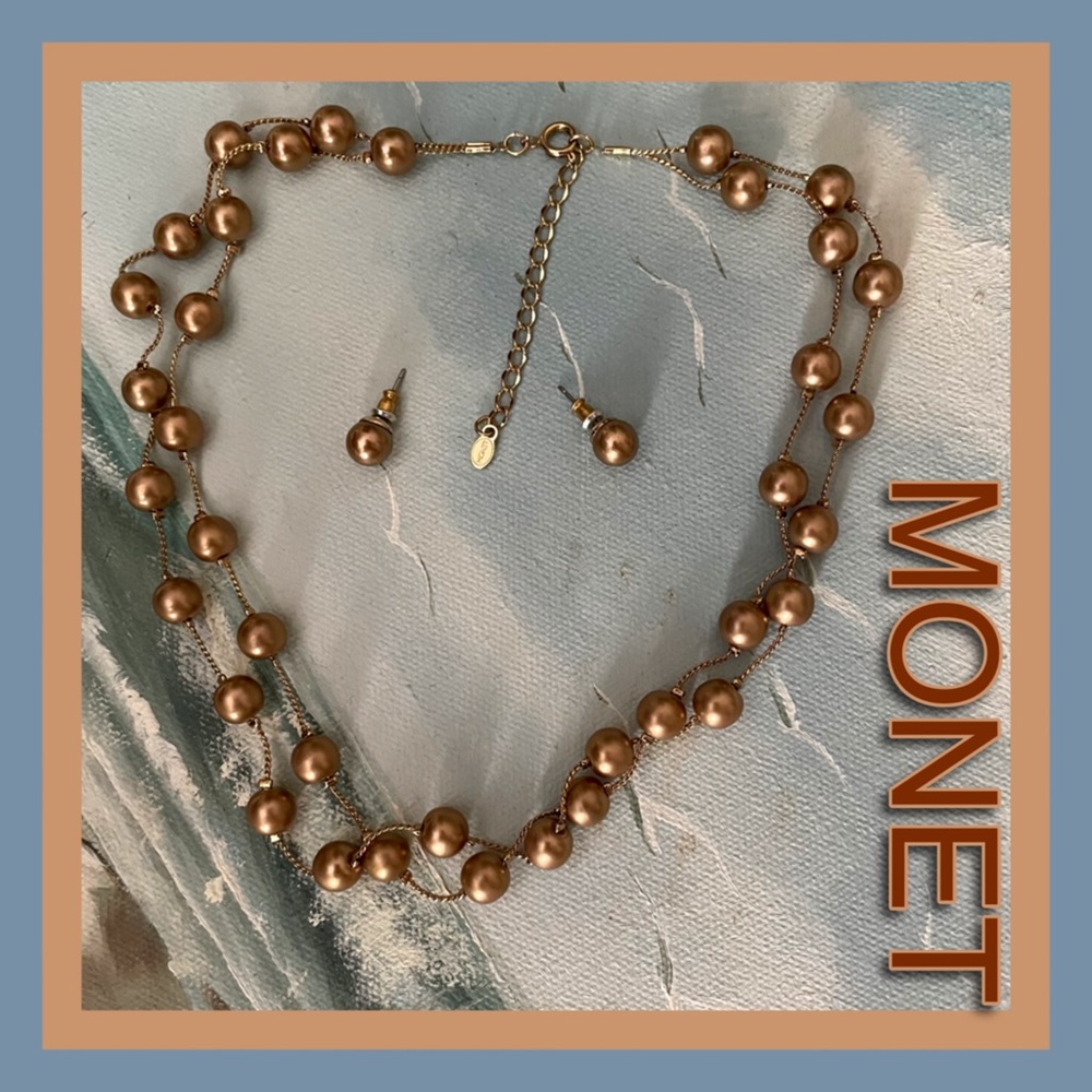 MONET PEARL DOUBLE STRAND NECKLACE W/MATCHING PEARL STUD EARRINGS
